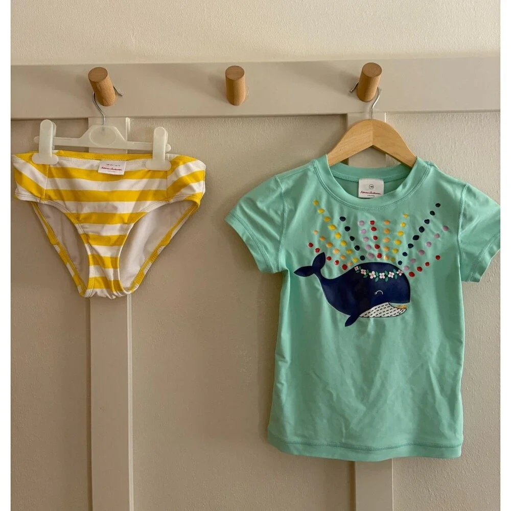 Hanna Andersson Girls 2pc Pink Striped whale polka dot Swimsuit 140 Size 10 EUC